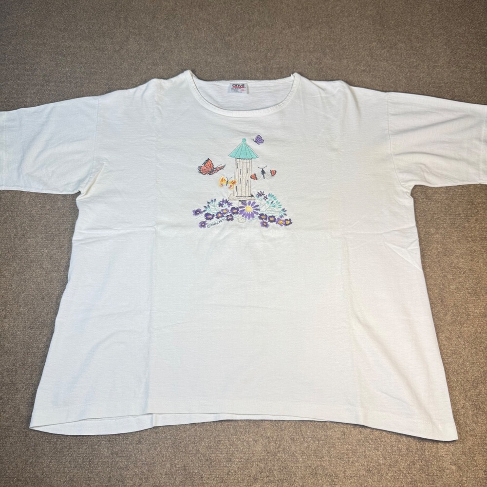 Vintage Anvil 90s Butterfly Birdhouse T Shirt XL White Embroidered Single Stitch